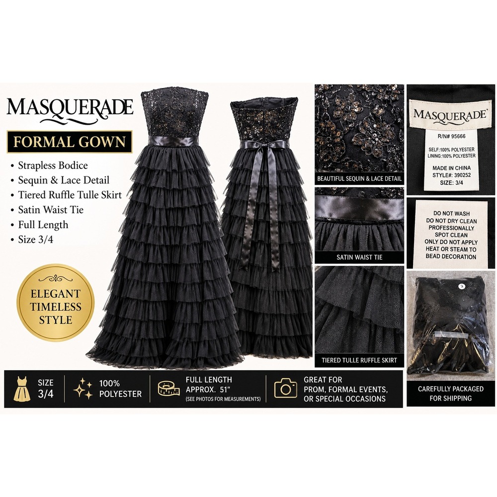 Masquerade Black Strapless Sequin Lace Tiered Ruffle Tulle Formal Gown Size 3/4